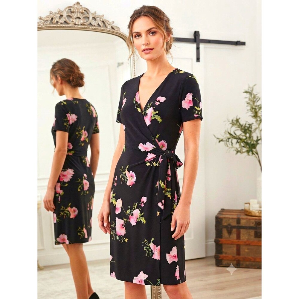 Anne Klein Black And Pink Floral V-Neck Wrap Dress With Tie Waist